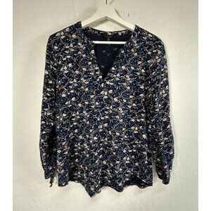 Lucky Brand Womens Floral Long Sleeve Split Neck Top Medium Navy Blue Casual
